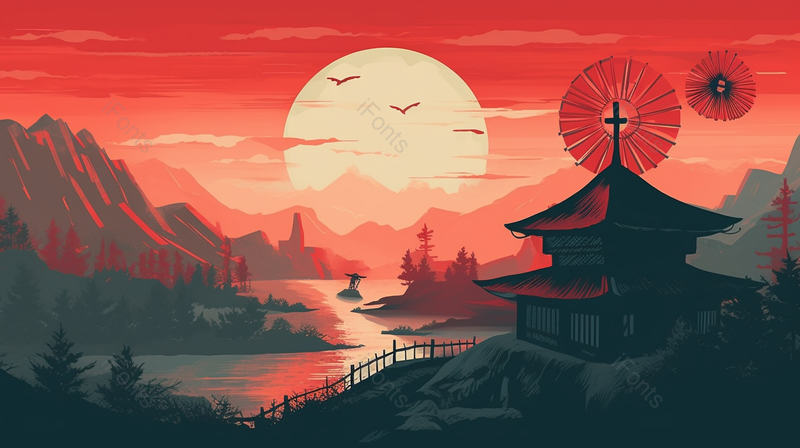 红色云朵群山与青塔手绘插画,插画/手绘图,插画/手绘图库,插画/手绘图下载,插画/手绘